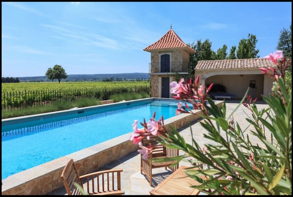 heated swimming pool and cabana