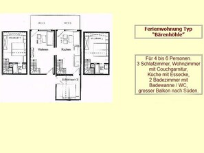 Apartment Bärenhöhle, 83 qm, 3 Schlafzimmer, Dusche und WC, max. 6 Personen-Grundriss