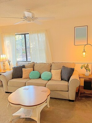 An indoor beach oasis. 2023 updates: fresh paint and new comfy pillows.