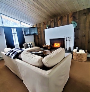 Living room with wood burning fireplace and Roku TV