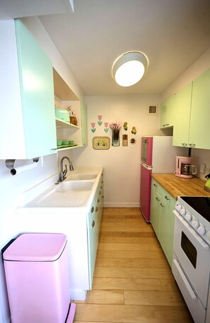 Original metal cabinets and cast iron sink. 