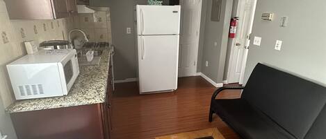 Looking from living area into kitchen space 