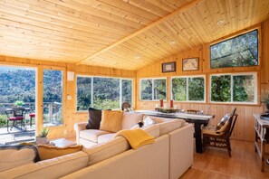 The large L shaped sofa is great for relaxing and great conversation. 