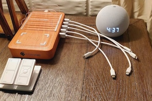 Charging station for your multiple devices. Smart remotes to control lamps and ceiling lights!