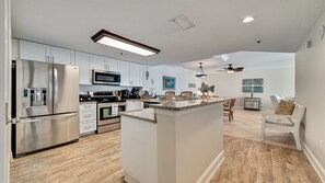 The kitchen comes fully stocked with all cookware and utensils