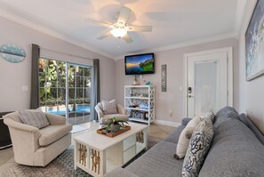 Pool views through the sliding glass doors