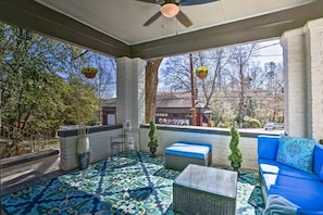 The covered front porch can be enjoyed year-round. People watch or relax.