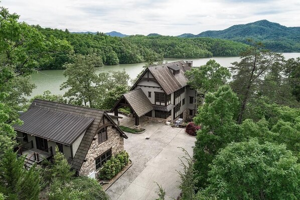 aerial of the main house and guesthouse