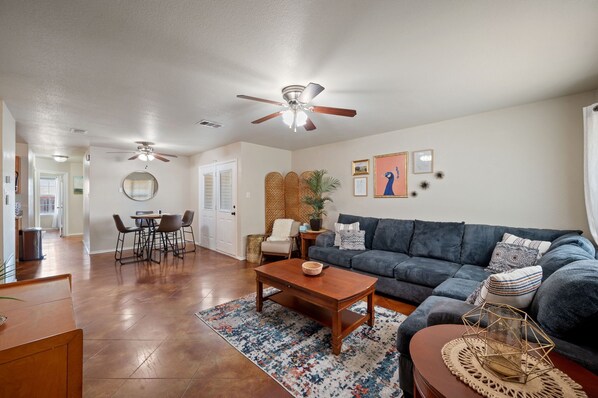 Open concept living room with dining room