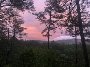 view from the porch at sunset