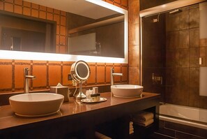 Full bathroom with a shower. Basic toiletries and towels are provided