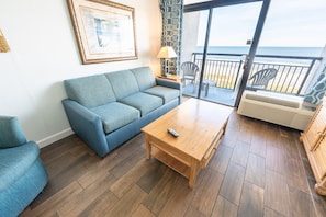 - Wake up to the soothing sound of waves and breathtaking ocean views - Step onto your private balcony, sip your morning coffee, and feel the fresh ocean breeze - Relax in this bright and cozy living space, the perfect retreat after a day at the beach