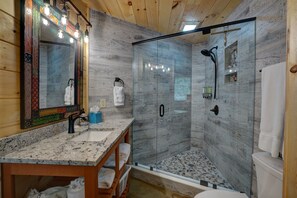 corner walk-in shower, bedroom1