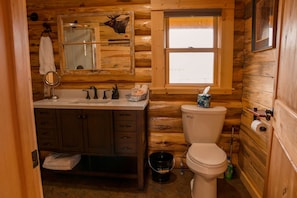 Modern vanity and toilet, with antique mirror and rustic charm.
