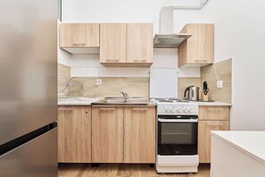 Kitchenette with an induction hob, oven, refrigerator with freezer and electric kettle.