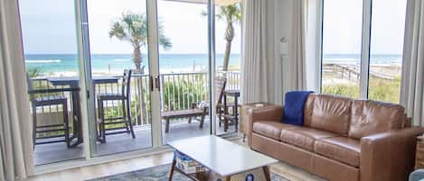 Corner unit with stunning views of the Gulf and beautiful patio gardens.