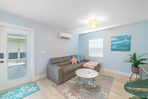 Open space and bright living room with TV and pull out bed.