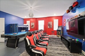 Avengers Game Room with Xbox and Nintendo Switch Stations. Pool Table,  Video Arcade Game, Twin Bunk Bed.