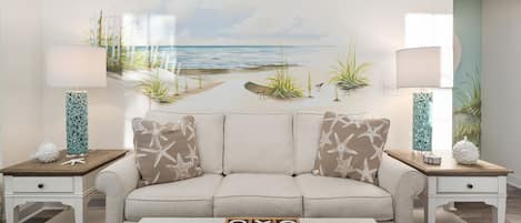 2 story great room w/hand painted coastal mural decor