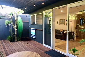 Large Private Secure Deck, Outdoor table and chairs, Beanbag, hot outdoor shower