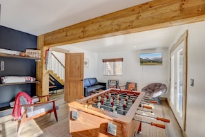 Game room features - foosball table and boards games for kids and adults:- Monopoly- Battleship-200 piece poker set- Chess, checkers, Backgammon- Jumbling tower- Dominoes- plus 100 Classic games