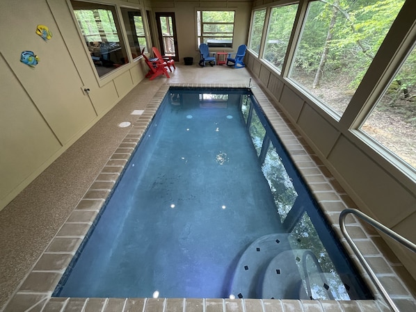 24 x 16 foot gunite indoor pool. Depth from 3 feet to 5 feet deep.
