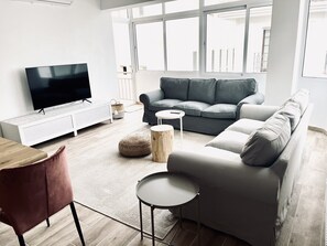 Light lounge with sun reflecting windows and a smart TV