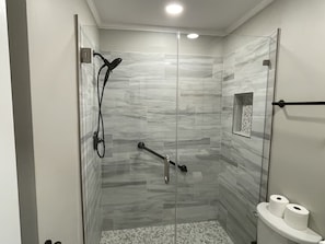 Walk or roll in shower, equipped with handicap pull bar and detachable shower 
