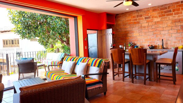 Living Space, private entry door, open plan kitchen/Living Room, private terrace