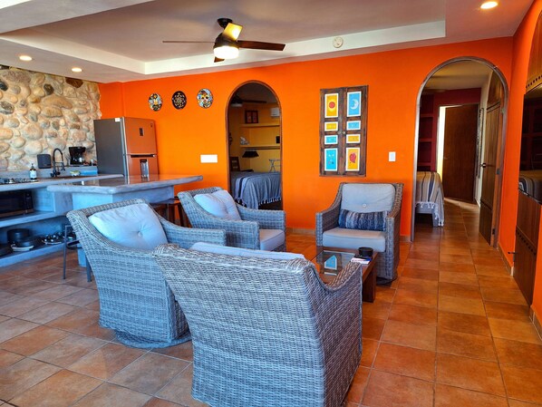 Curiel's Retreat(Main Level) Living Area with 2 bedrooms and kitchen area.