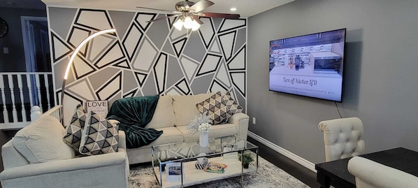 Living room with comfortable couch.