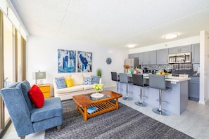 Remodeled and cozy living room with one pull out sleeper couch