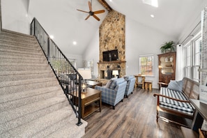 Floor to 20Ft Ceiling Stone Fireplace