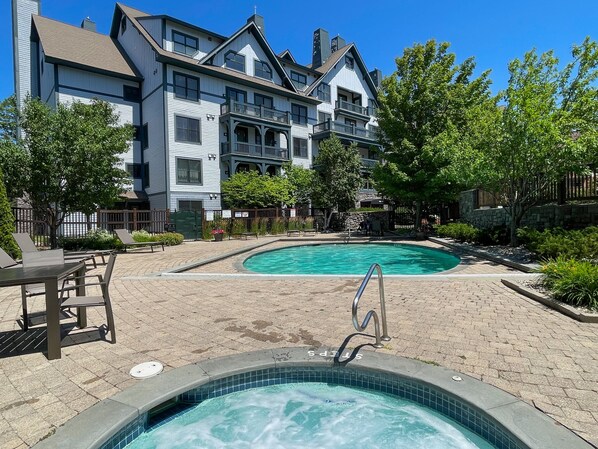 Heated year-round, the beautiful pool, hot tubs and sauna are steps from lodge. 