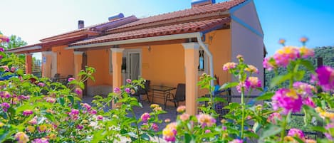 The property and some colourful flowers