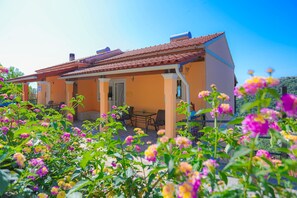 The property and some colourful flowers