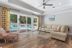 Heated pool view and a natural preserve behind the house. 