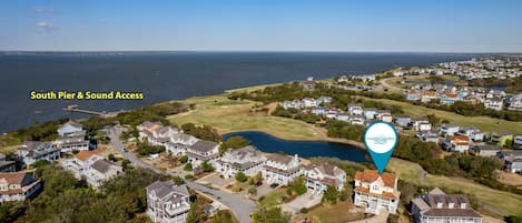 Soundbreeze Sunset | Front Aerial View and Soundside Pier Access