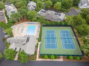 Rear View of the Row of the Townhouse, and Pickle Ball/Tennis Courts, and Swimming Pool