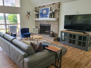 TV and fireplace area