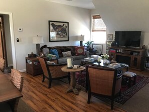 Living room with pull out sofa and satellite TV.