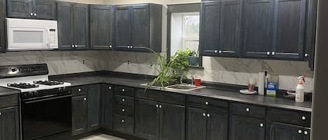 Full extra large kitchen, with coffee maker, toaster, and ice maker.  