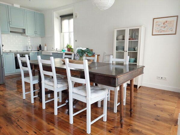 Open concept kitchen and dining area with views to the ocean