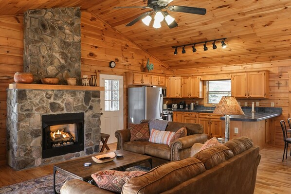Gas fire place with remote control and timer.