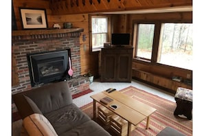 Primary living room with views of Goose Lake and gas fire place.