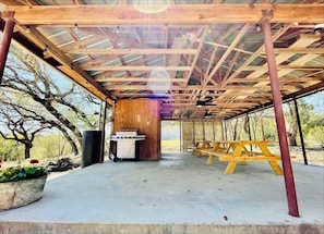Covered patio with BBQ and picnic tables