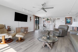 A large Smart TV makes for comfortable viewing when watching TV.