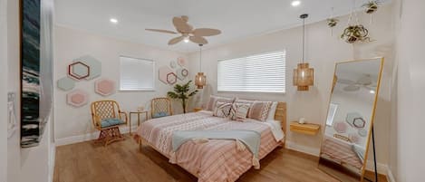 The Master bedroom has a king-size bed, with a good-sized closet and beautiful custom artwork covering an entire wall. Sheets are high quality and mattresses are new, comfortable, and well protected with mattress encasement, and waterproof mattress protectors.