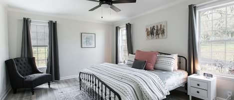 master bedroom with king-size bed, walk-in closet, attached bathroom and 6 drawer dresser