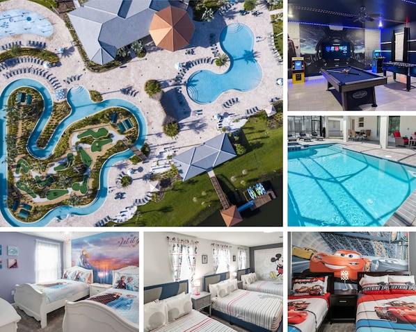 Clubhouse, private pool, game room, themed bedrooms